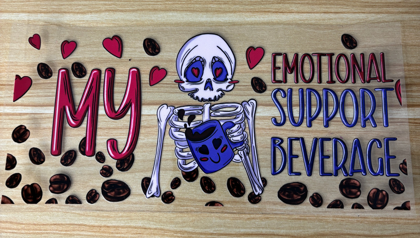 a skeleton holding a coffee mug with the text "My Emotional Support Beverage" written around it.