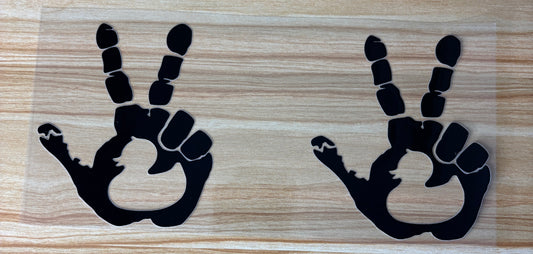two handprints, each made up of a circle and two fingers, arranged side by side on a wooden surface.