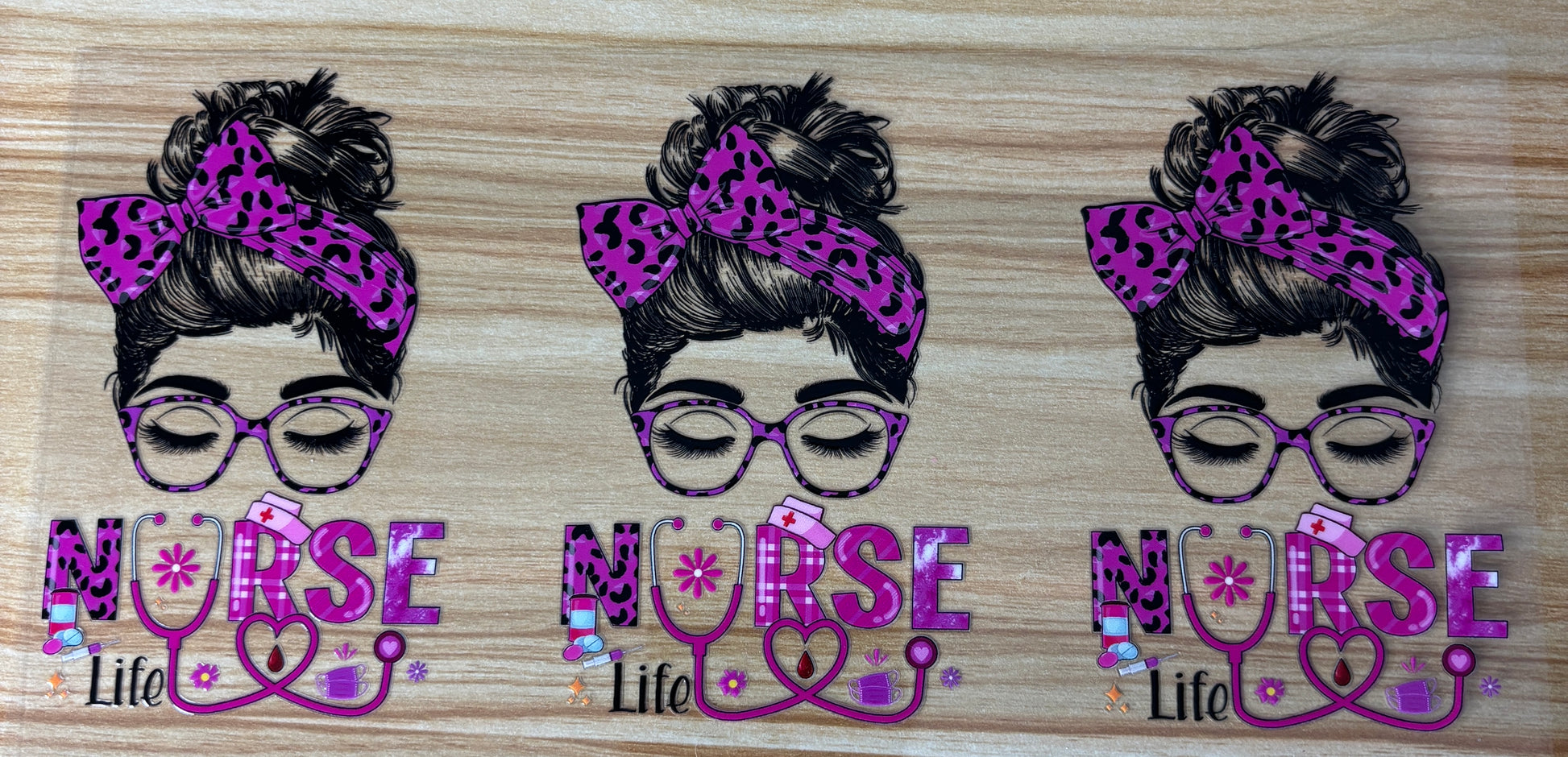 three stylized illustrations of a woman's face wearing glasses and a leopard print headband, with the word "NURSE" written below each illustration.