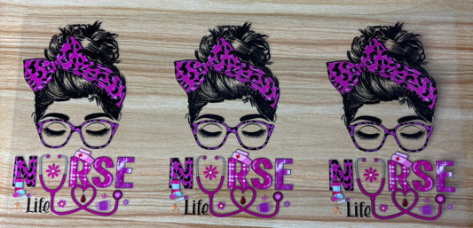 three stylized illustrations of a woman's face wearing glasses and a leopard print headband, with the word "NURSE" written below each illustration.