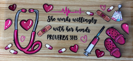 The image is a collage of various medical and healthcare-related items, including a stethoscope, bandages, pills, and a heart, along with a Bible verse and a quote about working with one's hands.