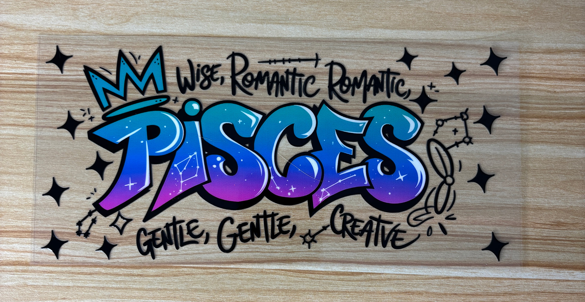 a vibrant and colorful graffiti-style design with the word "PISCS" prominently displayed. Surrounding the text are various stars and other decorative elements, creating a visually striking and artistic composition.