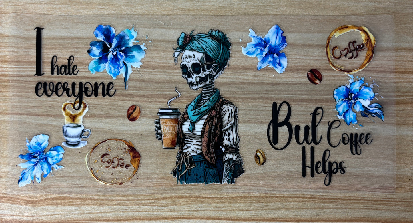 a skeleton wearing a green scarf and holding a coffee cup, surrounded by various coffee-related items such as coffee beans, a coffee cup, and a coffee saucer.