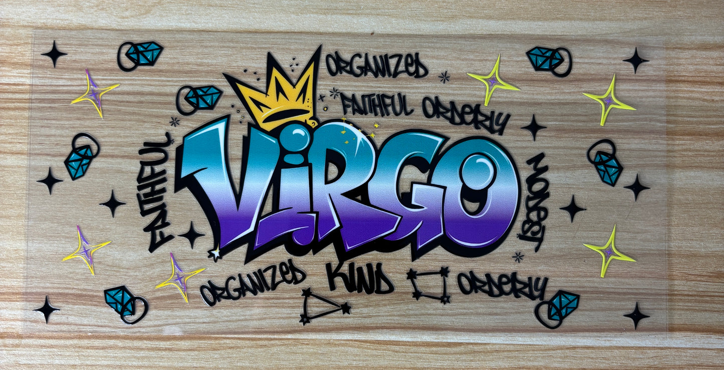 a vibrant graffiti-style design with the word "VIRGO" prominently displayed. Surrounding the word "VIRGO" are various decorative elements such as stars, diamonds, and other geometric shapes, creating a visually striking and artistic composition.