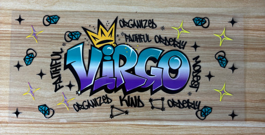 a vibrant graffiti-style design with the word "VIRGO" prominently displayed. Surrounding the word "VIRGO" are various decorative elements such as stars, diamonds, and other geometric shapes, creating a visually striking and artistic composition.