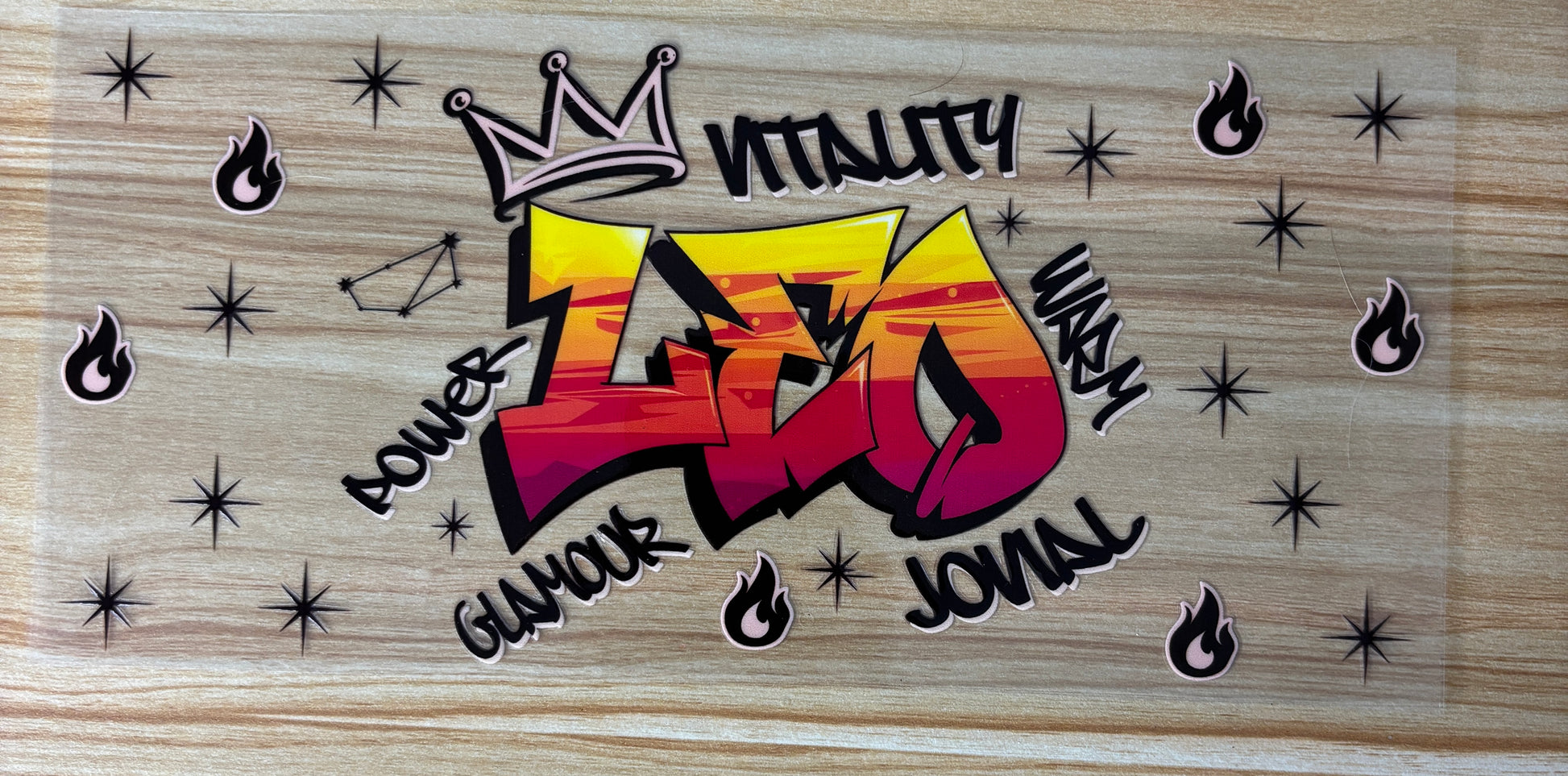 a vibrant graffiti-style design with the word "LEO" prominently displayed. Surrounding the word "LEO" are various stylized elements, including flames, stars, and other abstract shapes, creating a visually striking and dynamic composition.