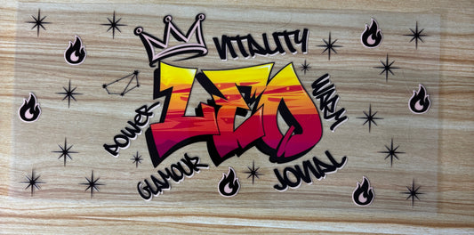 a vibrant graffiti-style design with the word "LEO" prominently displayed. Surrounding the word "LEO" are various stylized elements, including flames, stars, and other abstract shapes, creating a visually striking and dynamic composition.