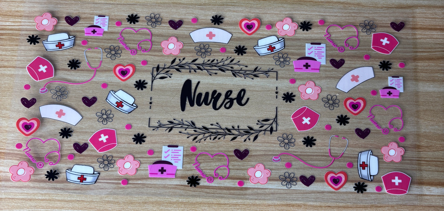 The image is a collage of various nurse-related items and symbols, including nurse caps, stethoscopes, hearts, and flowers, arranged in a decorative pattern.