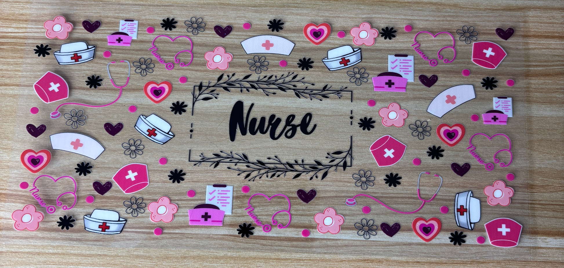 The image is a collage of various nurse-related items and symbols, including nurse caps, stethoscopes, hearts, and flowers, arranged in a decorative pattern.