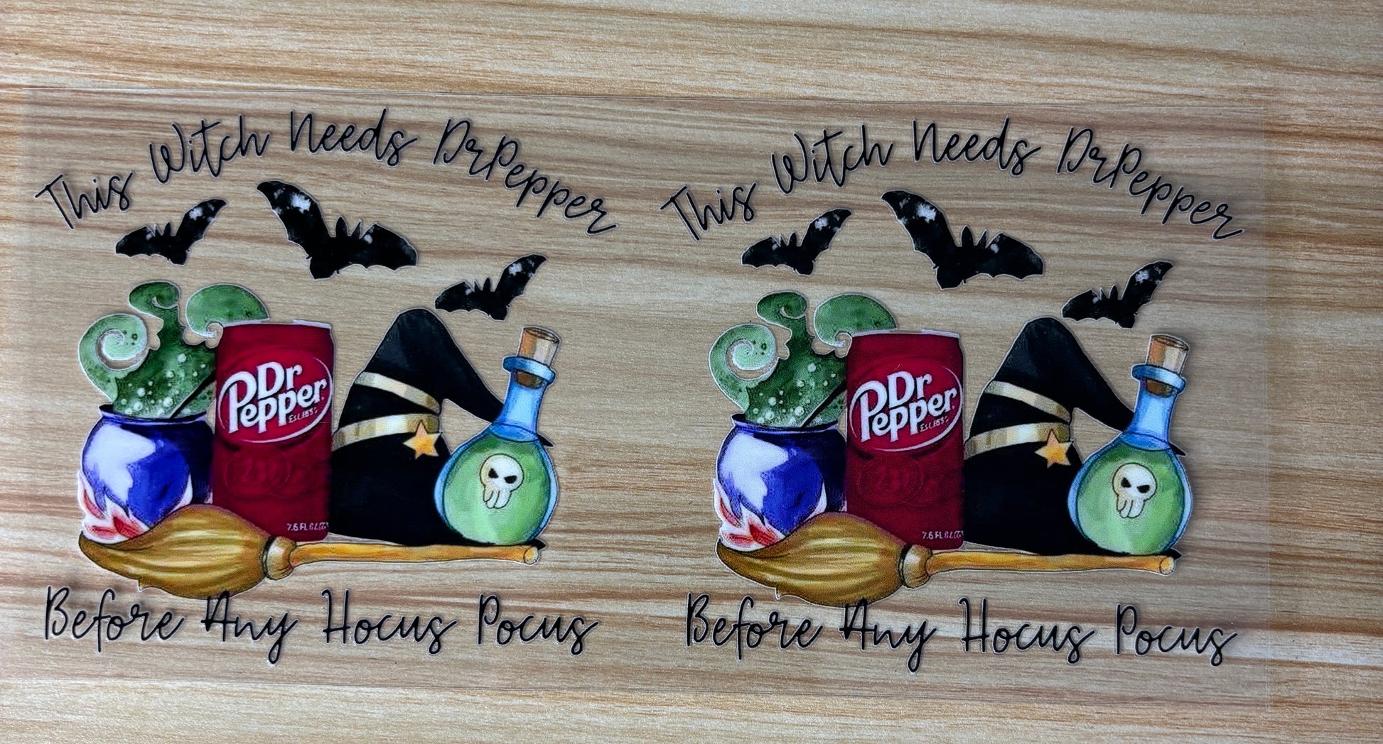 The image is a collage of two images, each featuring Halloween-themed items such as Dr Pepper cans, bats, bottles, and a broom. The text above the images reads "This witch needs Dr Pepper" and "This witch needs Dr Pepper", and below the images, the text says "Before any witch focus".